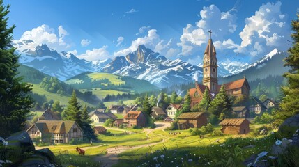 An idyllic scene capturing a beautiful village nestled among lush farmlands