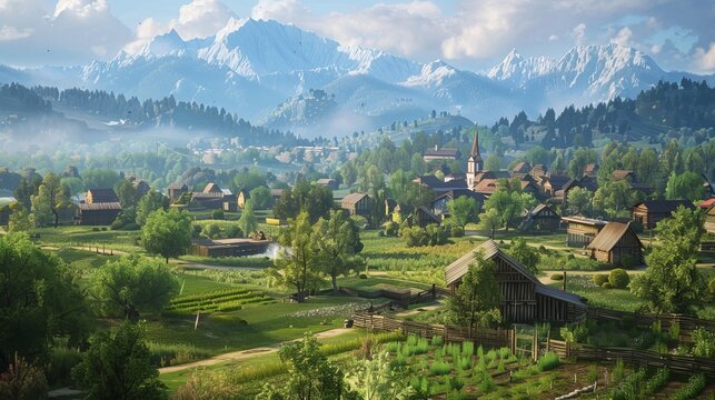 An idyllic scene capturing a beautiful village nestled among lush farmlands