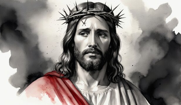 Black and white watercolor illustration of Jesus Christ with a red crown of thorns with copy space