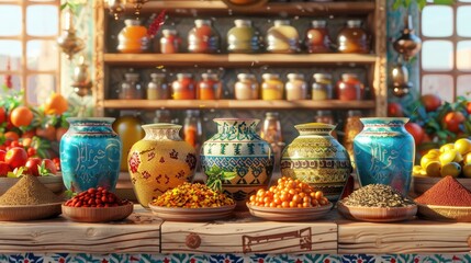 Fototapeta na wymiar Traditional Chinese Spices in Vibrant Vases Adorning a Rustic Kitchen