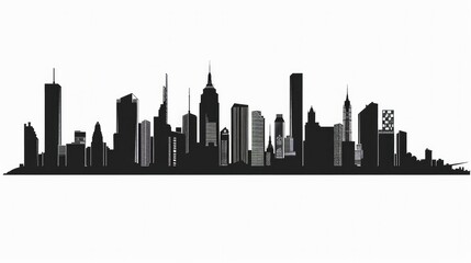 A minimalist vector icon featuring a cityscape silhouette in stark black against