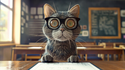 Nerdy cat with glasses sits at a table with books studying in classroom. - obrazy, fototapety, plakaty