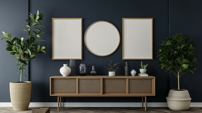 Frame mockup. Frame with navy wall in the background. Home interior design