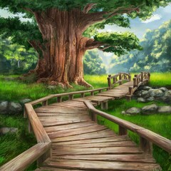 Wooden walk way thorough beside big tree