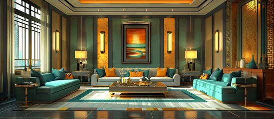 Elegant Chinese Living Room in Art Deco Style with Turquoise and Gold Decor and High-End Furniture