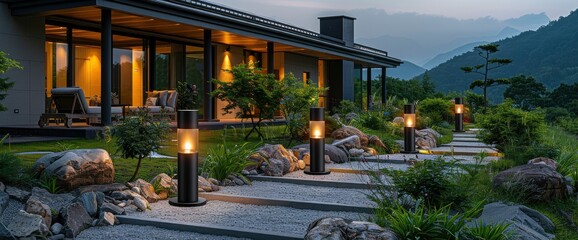 Panoramic Photo of LED Light Posts Illuminated Backyard Garden During Night Hours. Modern Backyard Outdoor , Wallpaper Pictures, Background Hd - obrazy, fototapety, plakaty