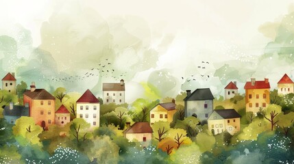 A charming watercolor vector illustration capturing a serene landscape dotted with quaint houses