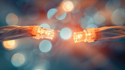 A close-up view of two fiber optic cables in the moment of connection