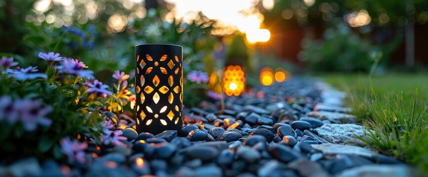 Panoramic Photo of LED Light Posts Illuminated Backyard Garden During Night Hours. Modern Backyard Outdoor, Wallpaper Pictures, Background Hd