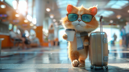 Funny cat traveler with travel bag and coffee cup in airport terminal, travel vacation summer holiday concept. - obrazy, fototapety, plakaty