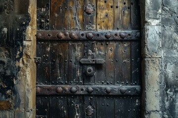 Weathered Ancient wooden door with old decoration. Historical doorway architecture with medieval ornament. Generate ai