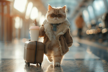 Funny cat traveler with travel bag and coffee cup in airport terminal, travel vacation summer holiday concept.