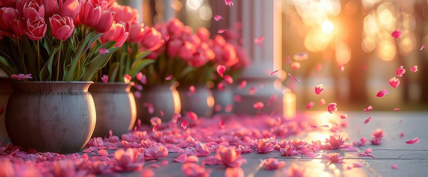 Pink tulips in the foreground, pink and white roses on steps, large vases of flowers inside cafe windows at sunset, pink petals scattered around, Wallpaper Pictures, Background Hd
