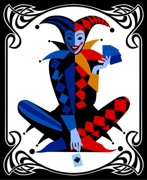 Colorful Joker in flat style sitting cross-legged with playing cards in Art Nouveau style black frame on white background. Vector illustration