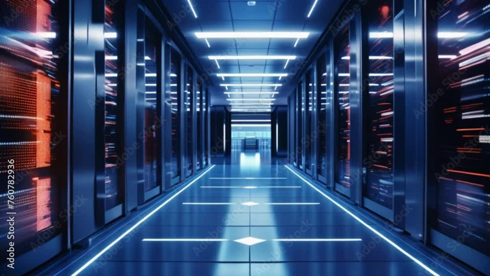 Poster internet concept data background,corridor in working data center full of rack servers and supercompu