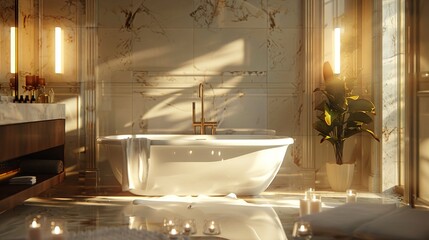 A luxurious bathroom with a freestanding tub, marble countertops, and soft ambient lighting for a spa-like experience.