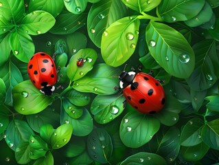 Fototapeta premium Two vibrant ladybugs are perched on top of lush green leaves in a garden setting
