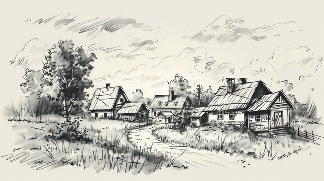 A charming vector sketch depicts quaint village houses nestled within a serene natural landscape