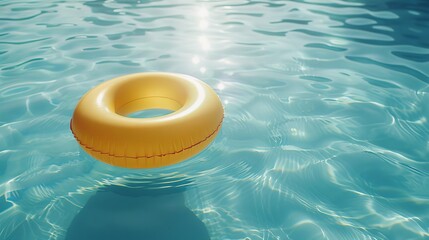 A vibrant yellow pool float drifts on the serene waters of a crystal-clear blue swimming pool