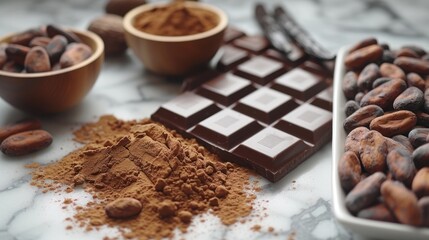Chocolate. Beautiful chocolate background. Sweet food photography concept. Dark chocolate, crushed cocoa beans, fruits on a delicate background.