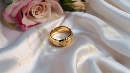 wedding rings and bouquet