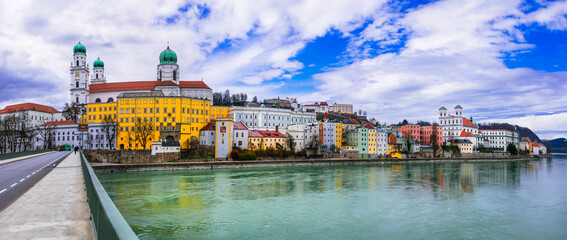 travel and landmarks of Germany - beautiful town Passau in Bavaria located in three rivers - obrazy, fototapety, plakaty