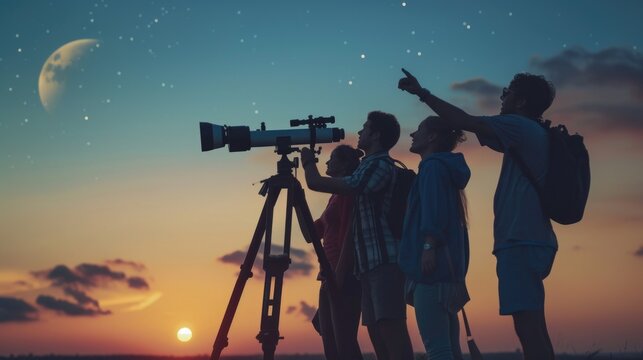 adult friends stargazing together and using a professional telescope and pointing at the sky, astrotourism, stargazing, dark sky preserves, night sky photography, astronomy tours, telescopic viewing