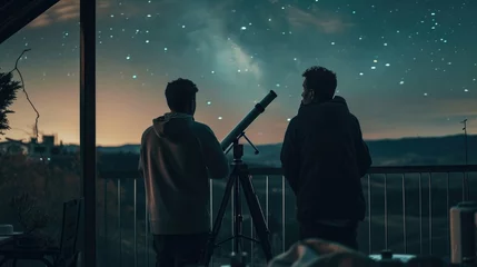 Deurstickers Under a celestial tapestry, a group of stargazers convenes on a balcony with a telescope, immersing themselves in the wonders of the night sky, astrotourism, meteor showers, eclipse chasing © Rodica