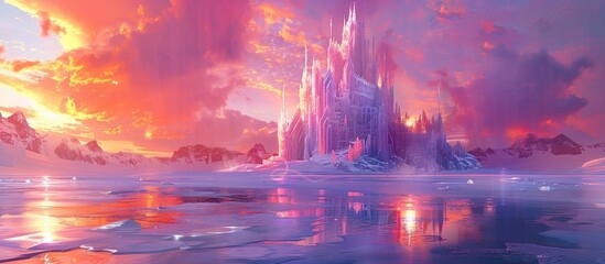 Ice Castle Glowing at Sunset: A Dazzling Display of Crystal-like Structures Basking in Warm Hues