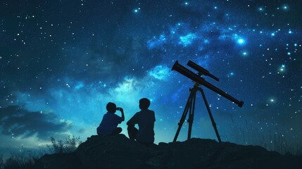 Silhouettes of an astronomer and companion stand beside a telescope, gazing up at the vast tapestry of the Milky Way, inviting discoveries in the stillness of the night, astrotourism, - obrazy, fototapety, plakaty