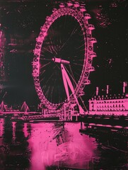 A large pink ferris wheel stands tall in the middle of a bustling city, surrounded by numerous buildings and people enjoying the sights
