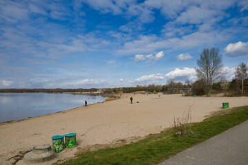 Blick auf den Strand am Cossi, Cospudener See, Leipzig, Sachsen, Deutschland