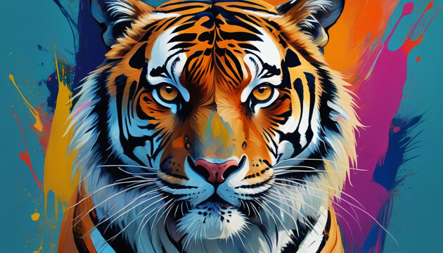 Watercolor painting of a tiger silhouette. Colorful. Generative AI.

