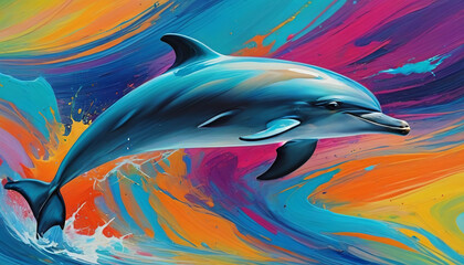 Dolphin on a colorful splattering background. Artistic rendition. Generative AI.

