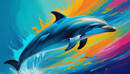 Dolphin on a colorful splattering background. Artistic rendition. Generative AI.


