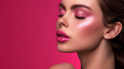 Beautiful woman's face, model appearance, professional makeup, advertising of decorative cosmetics, including lipstick, powder, eye shadow. Place for text. Advertising banner. Generated by artificial 