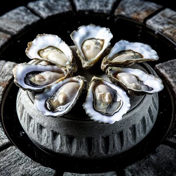 Seafood. Raw Opened oysters on a stone stand. On black rustic background