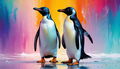 Penguin on a colorful splattering background. Artistic rendition. Generative AI.

