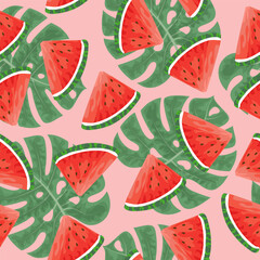 Seamless pattern with hand drawn  watermelon slace and tropical monstera leaves on pink background.