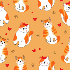 Seamless pattern with many different  red cats on orange background. Vector illustration for children.