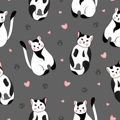Seamless pattern with many different  black and white cats on grey background. Vector illustration for children.