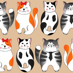 Seamless pattern with cute red and grey cats on beige background. Vector illustration for children.