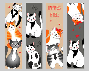 Set bookmarks with many different  red, grey, black and white cats on grey and beige background. Vector illustration for children.