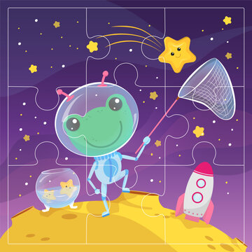 Funny frog astronaut, rockets and stars. Educational game for children. Puzzles. Cartoon vector illustration