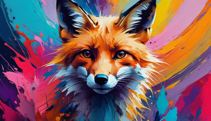 Fox on a colorful splattering background. Artistic rendition. Generative AI. - obrazy, fototapety, plakaty