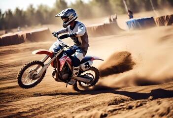 A motocross rider performing intense training maneuvers on a dirt track, kicking up dust as they navigate challenging obstacles with precision and skill.