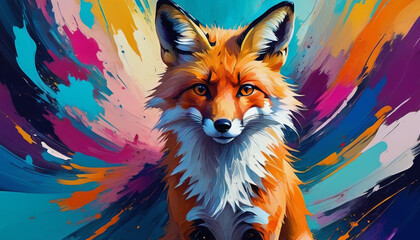 Fox on a colorful splattering background. Artistic rendition. Generative AI. - obrazy, fototapety, plakaty