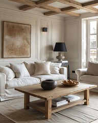 Fototapeta premium Furniture for comfort in an interior design with a couch, table, and wood floors