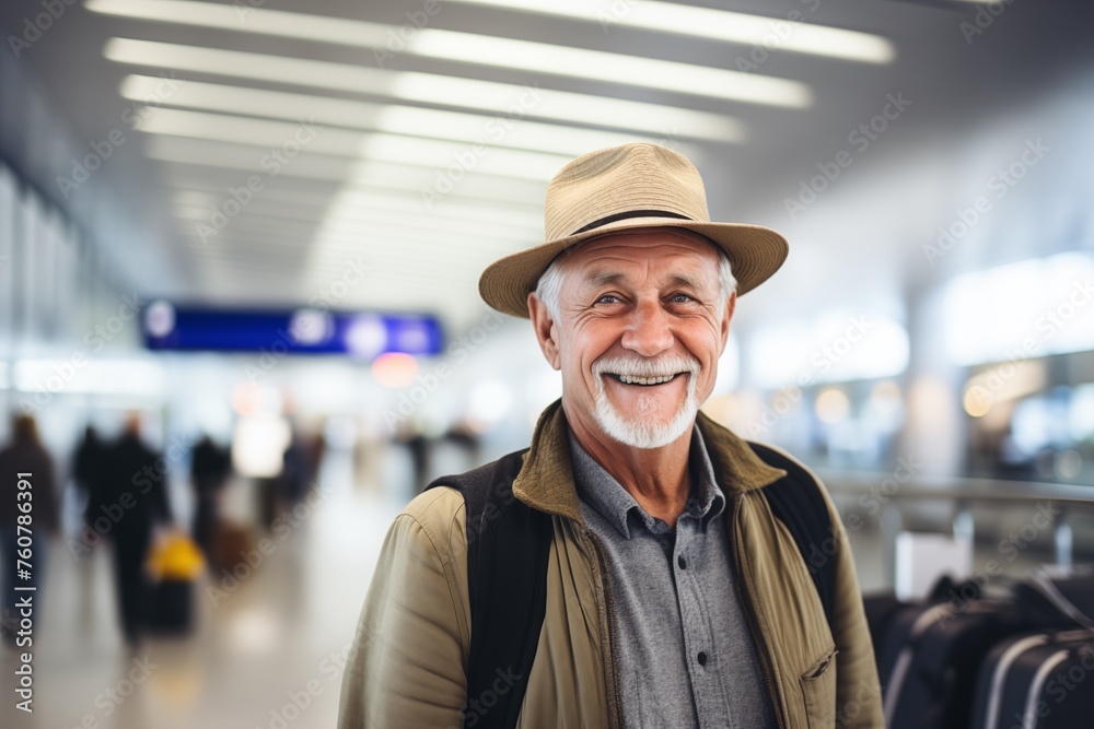 Wall mural close up of a senior man traveler smile at the airport