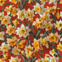 Daffodil Botanical Illustration on Vibrant Red Background Gen AI - 760786313
